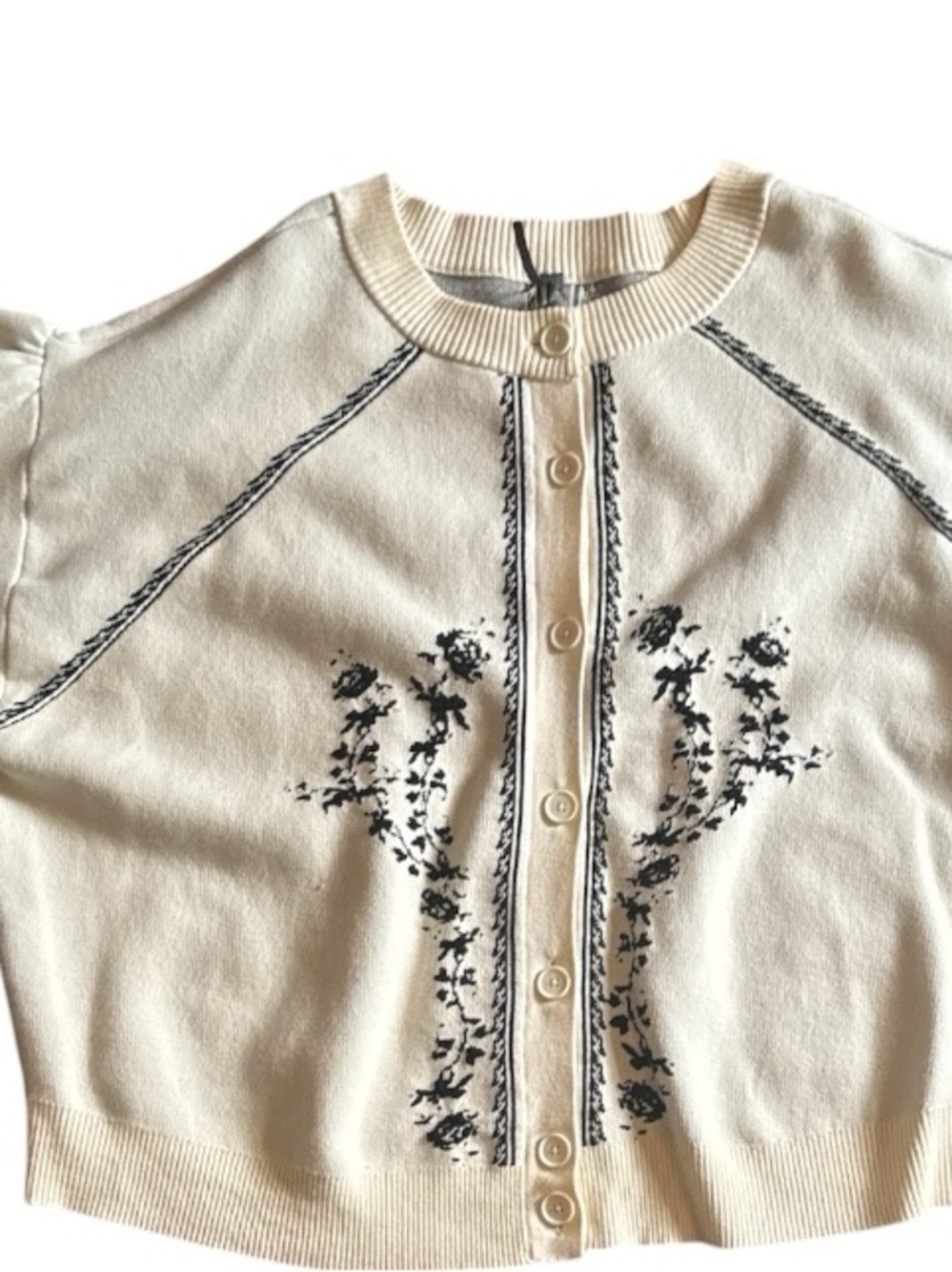 Anthropologie Cream Cardigan with Black Floral Embroidery